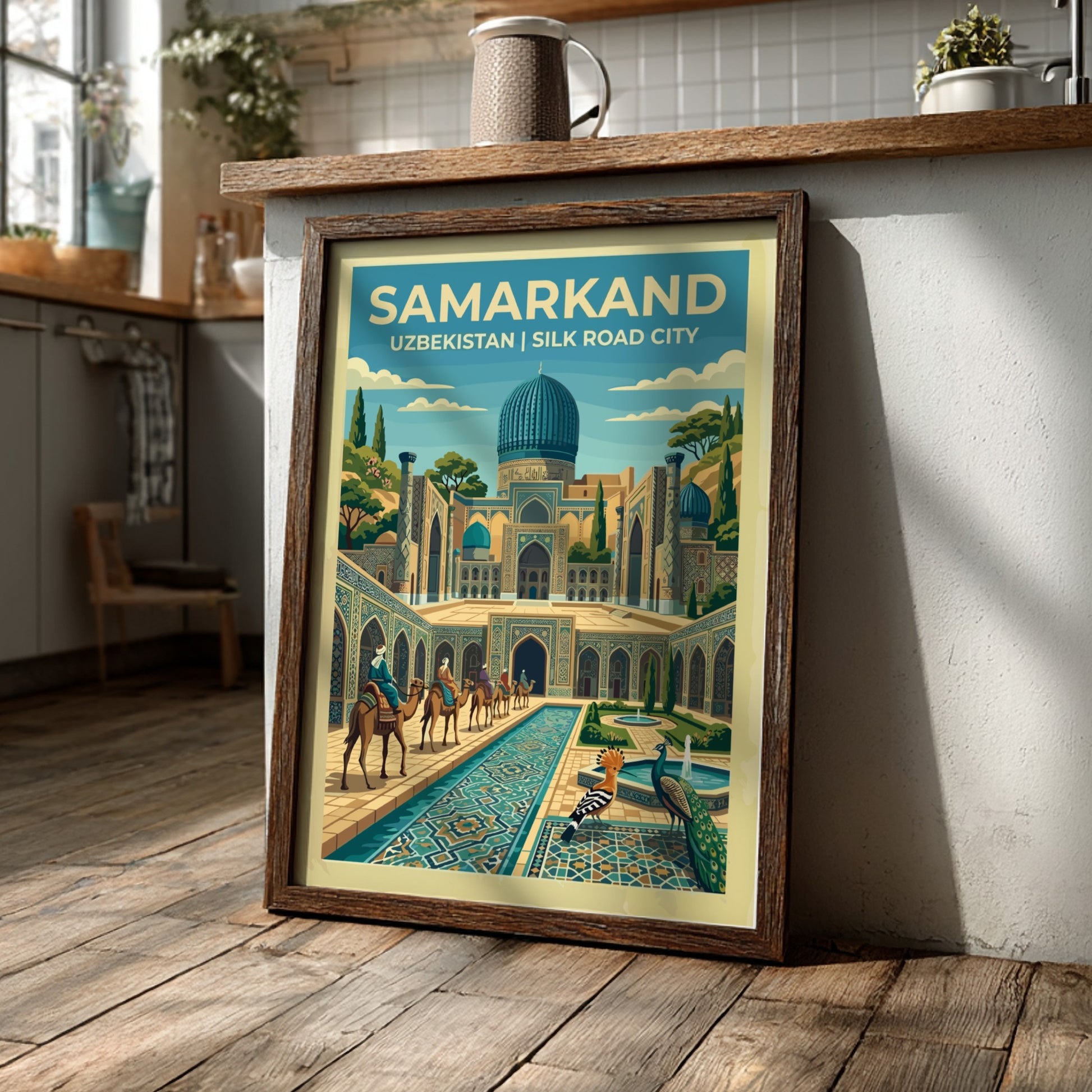 Travel poster of Samarkand featuring turquoise domes, camel caravans, peacocks, and intricate tile patterns.