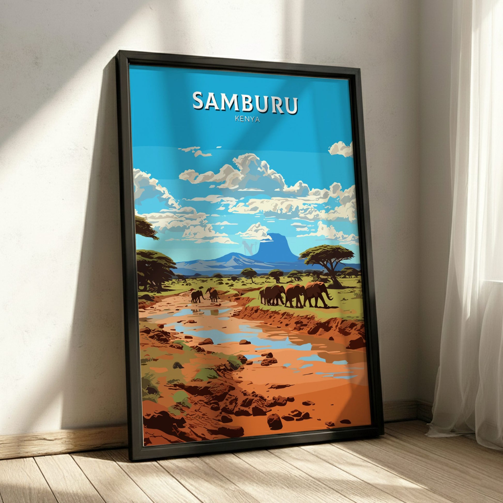 Framed poster of Samburu Kenya with elephants and landscape.