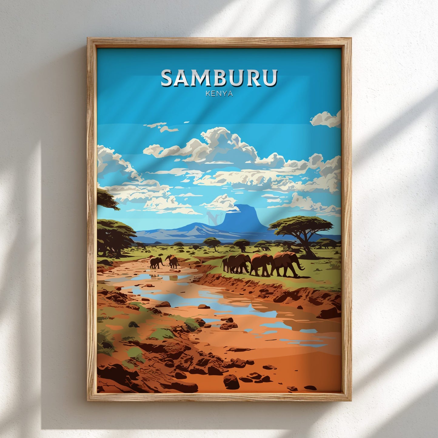 Framed artwork of Samburu Kenya with elephants and landscape.