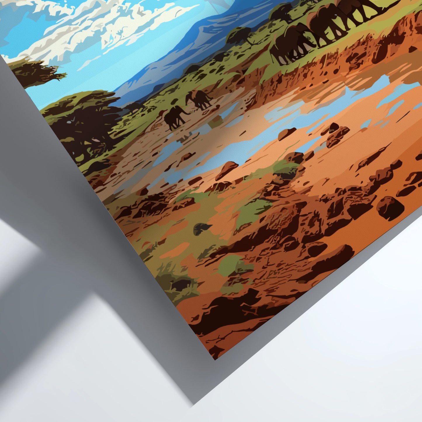 Illustration of elephants walking through a landscape with mountains and blue sky.