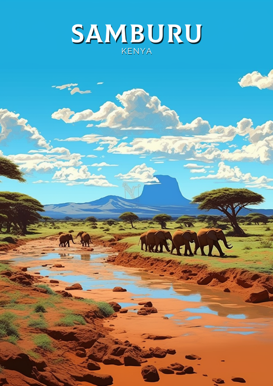 A travel poster featuring the Samburu National Reserve in Kenya with a depiction of elephants, Grevy's zebras, and the landscape under a blue sky with clouds.
