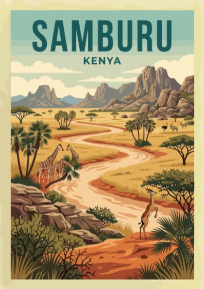 Samburu National Reserve poster featuring giraffes and a vibrant landscape in warm colors
