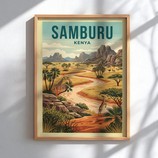 Samburu National Reserve poster featuring giraffes and a vibrant landscape in warm colors