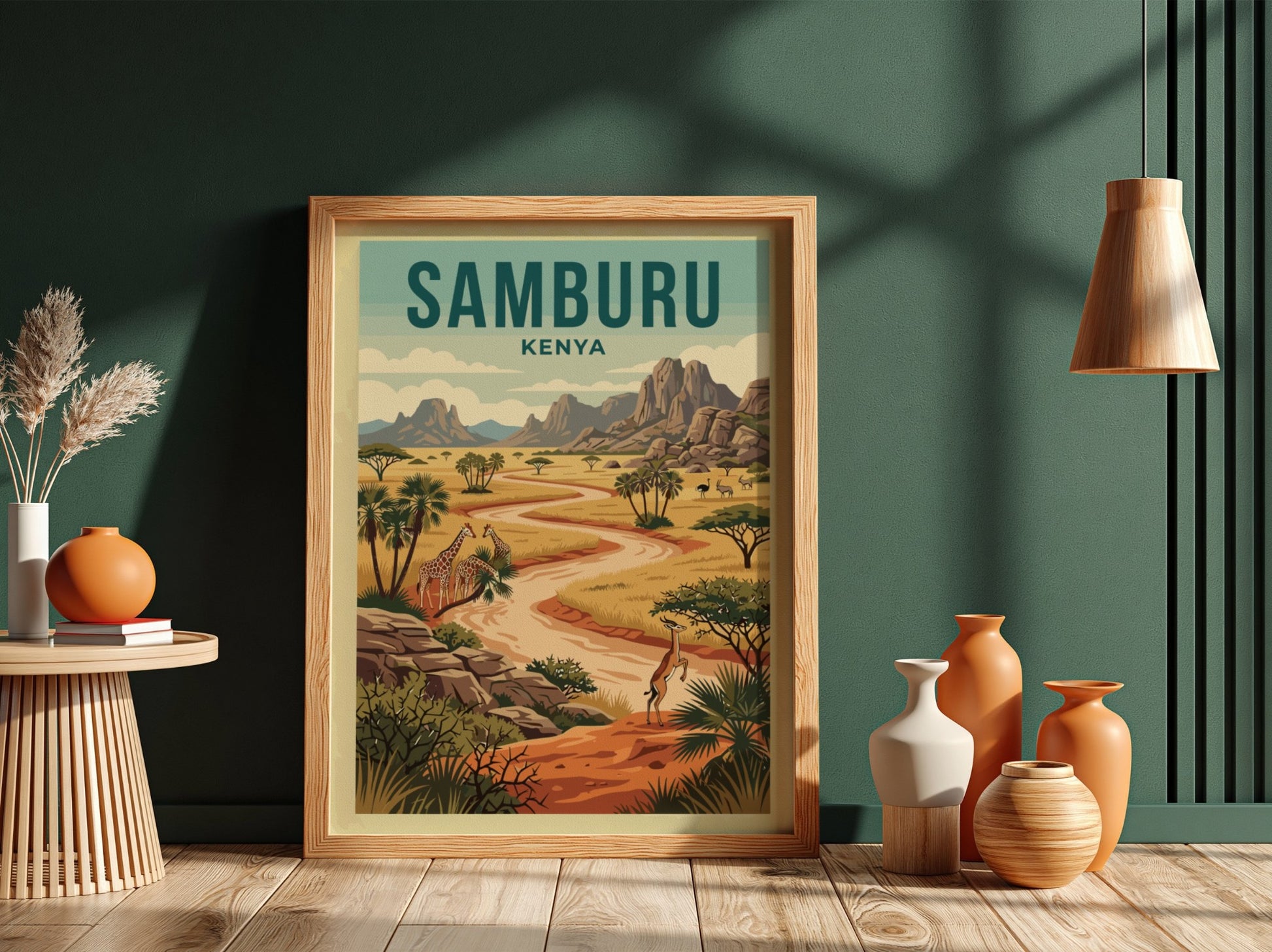 Samburu National Reserve poster featuring giraffes and a vibrant landscape in warm colors
