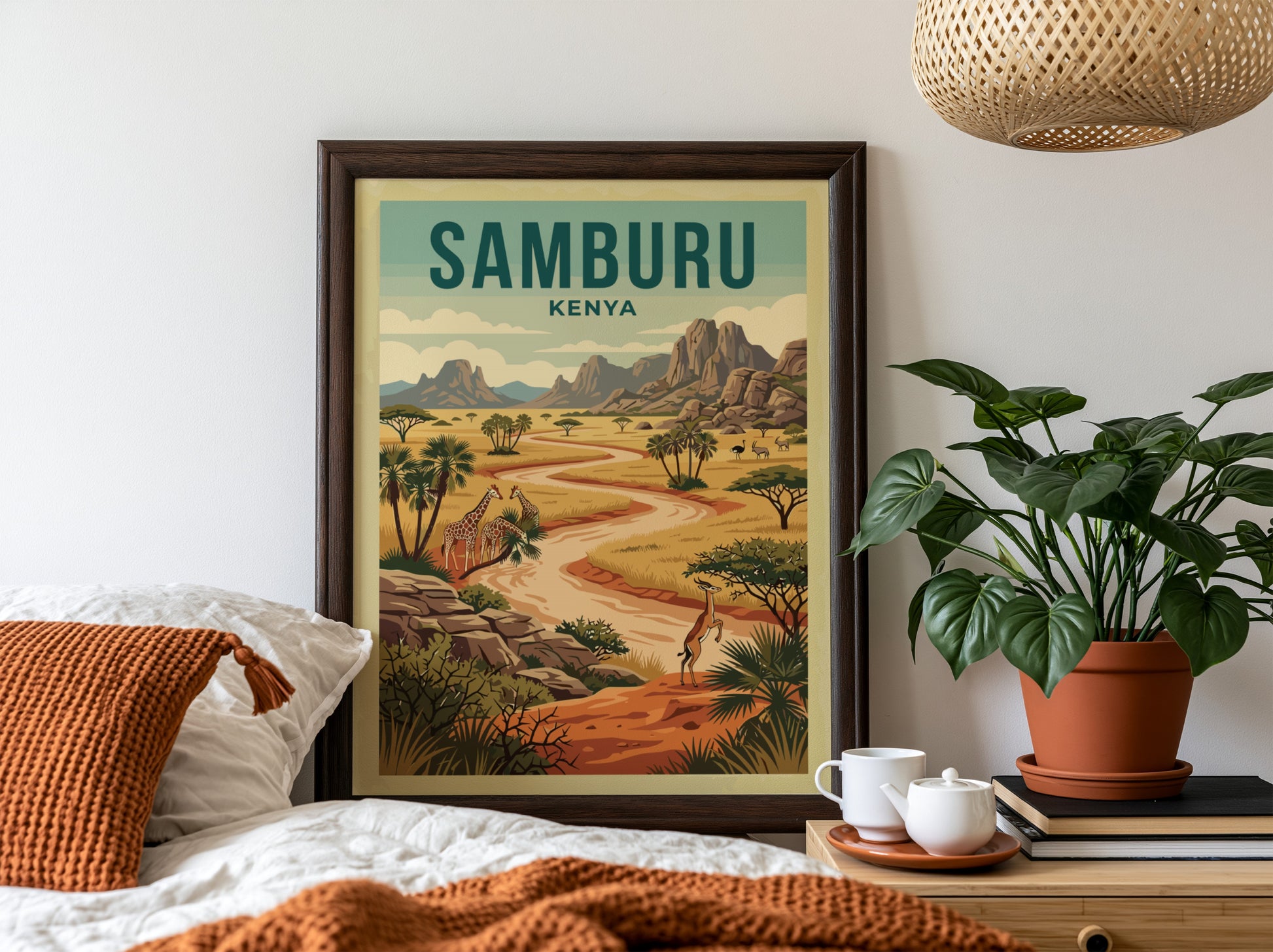 Samburu National Reserve poster featuring giraffes and a vibrant landscape in warm colors