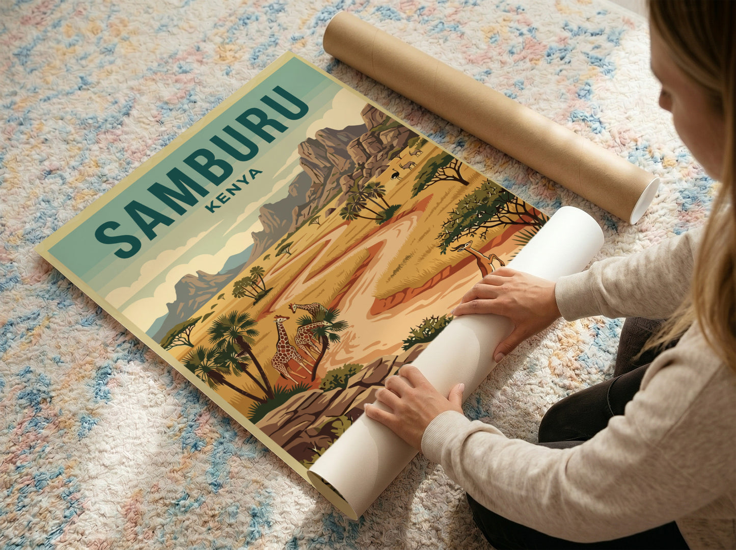 Samburu National Reserve poster featuring giraffes and a vibrant landscape in warm colors