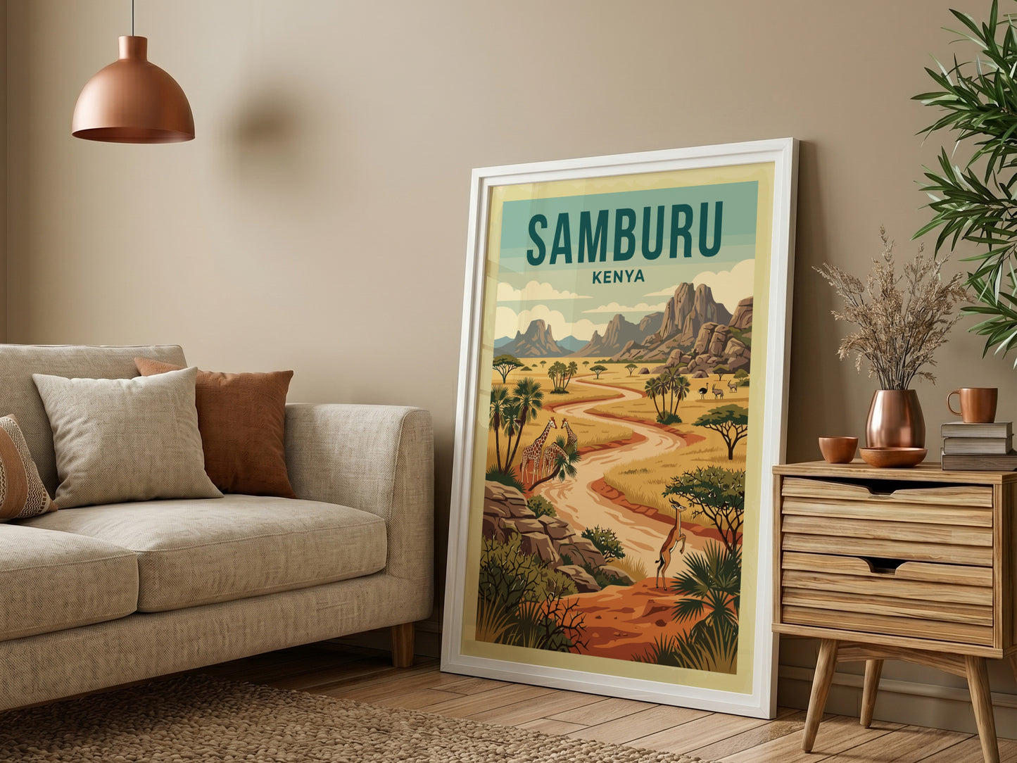 Samburu National Reserve poster featuring giraffes and a vibrant landscape in warm colors