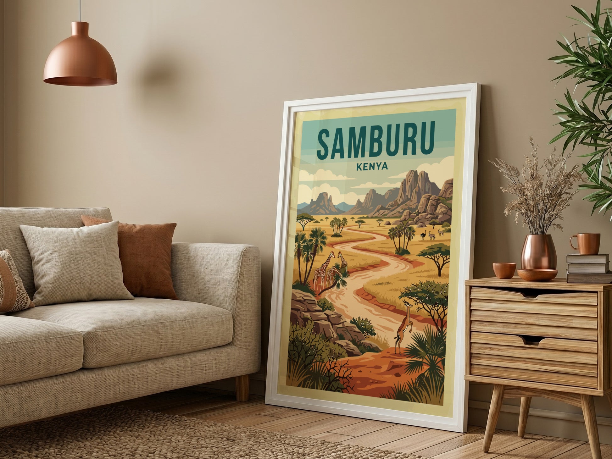 Samburu National Reserve poster featuring giraffes and a vibrant landscape in warm colors