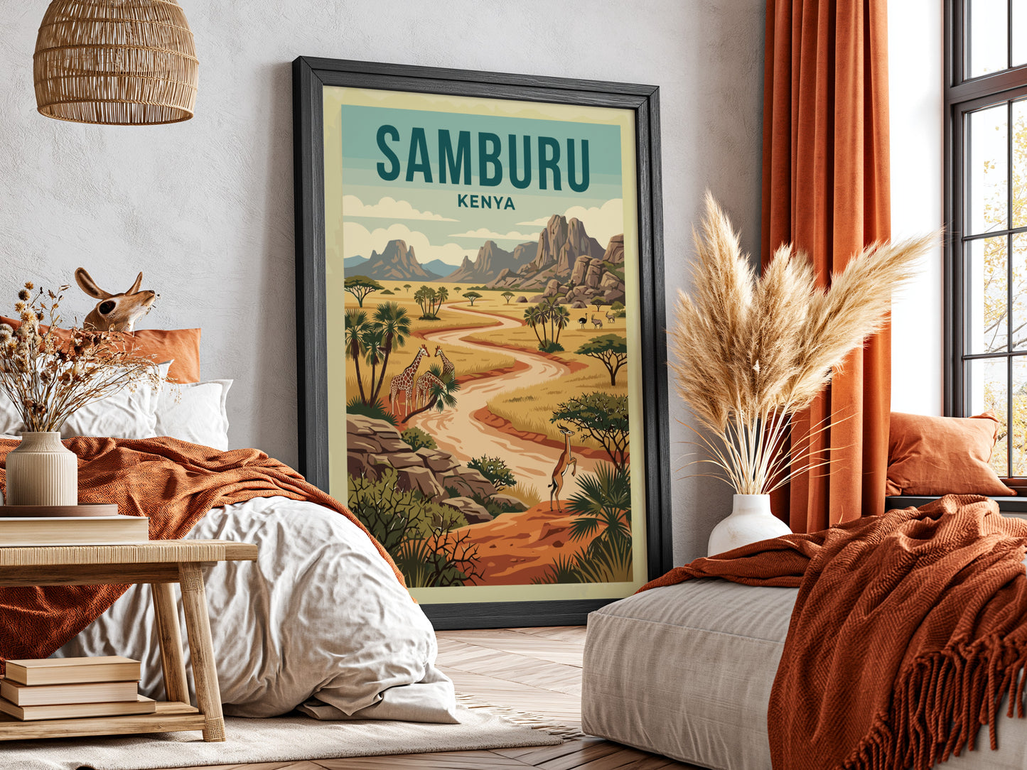Samburu National Reserve poster featuring giraffes and a vibrant landscape in warm colors
