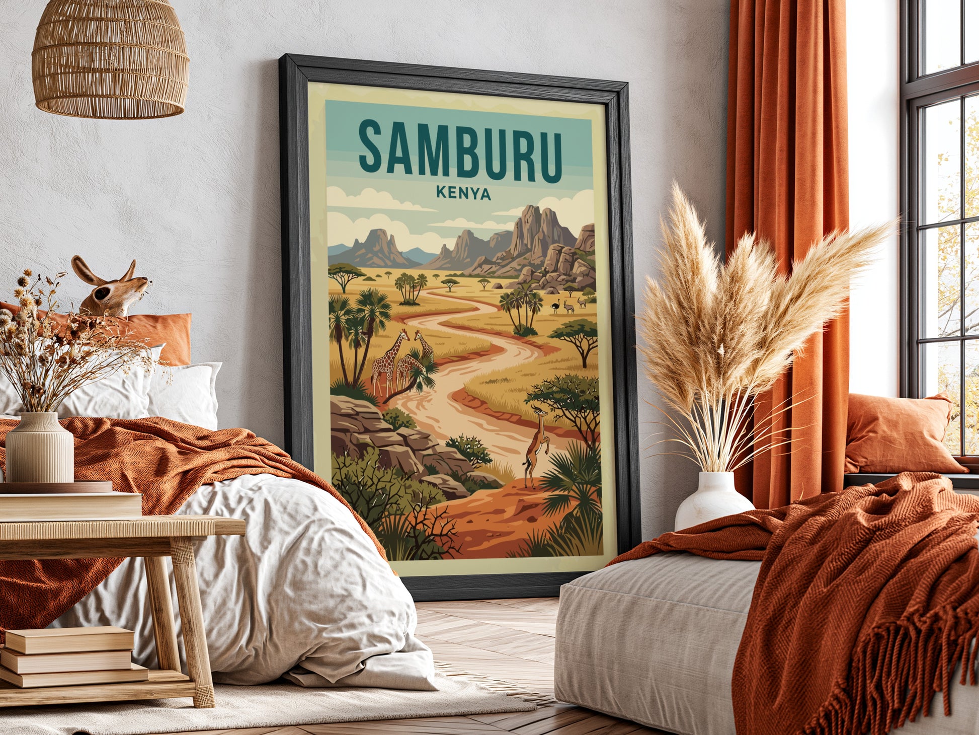 Samburu National Reserve poster featuring giraffes and a vibrant landscape in warm colors
