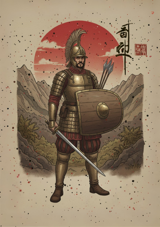 Illustration of a warrior in armor with a sword and shield against a mountainous landscape.