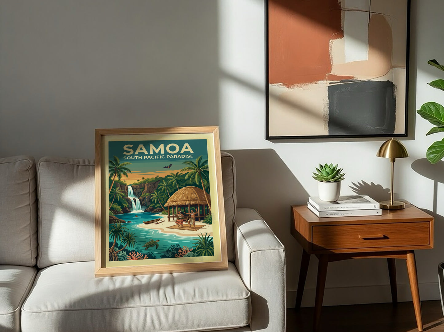 Samoa travel poster showing a waterfall, palm trees, a hut, and sea turtle
