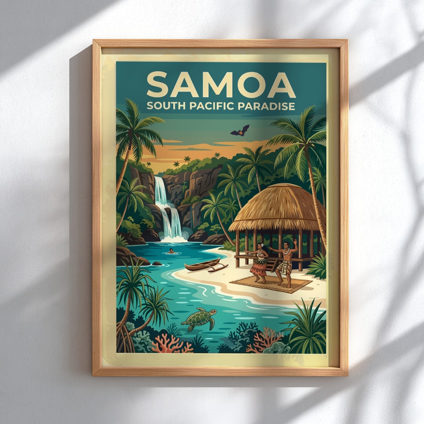 Samoa travel poster showing a waterfall, palm trees, a hut, and sea turtle