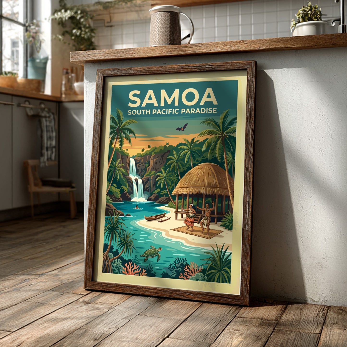Samoa travel poster showing a waterfall, palm trees, a hut, and sea turtle