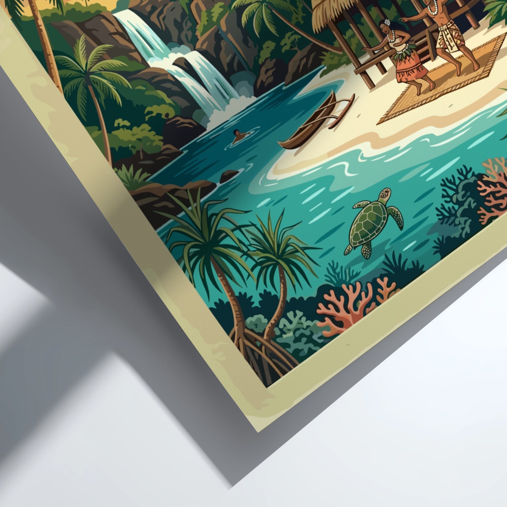 Samoa travel poster showing a waterfall, palm trees, a hut, and sea turtle