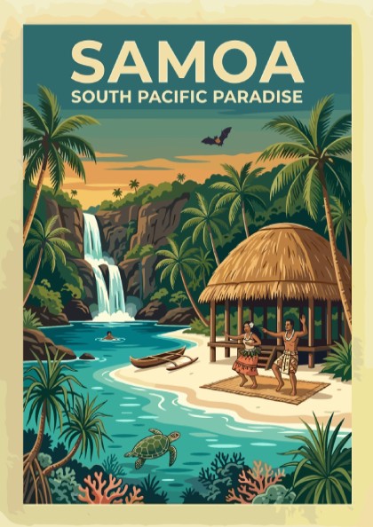 Samoa travel poster showing a waterfall, palm trees, a hut, and sea turtle