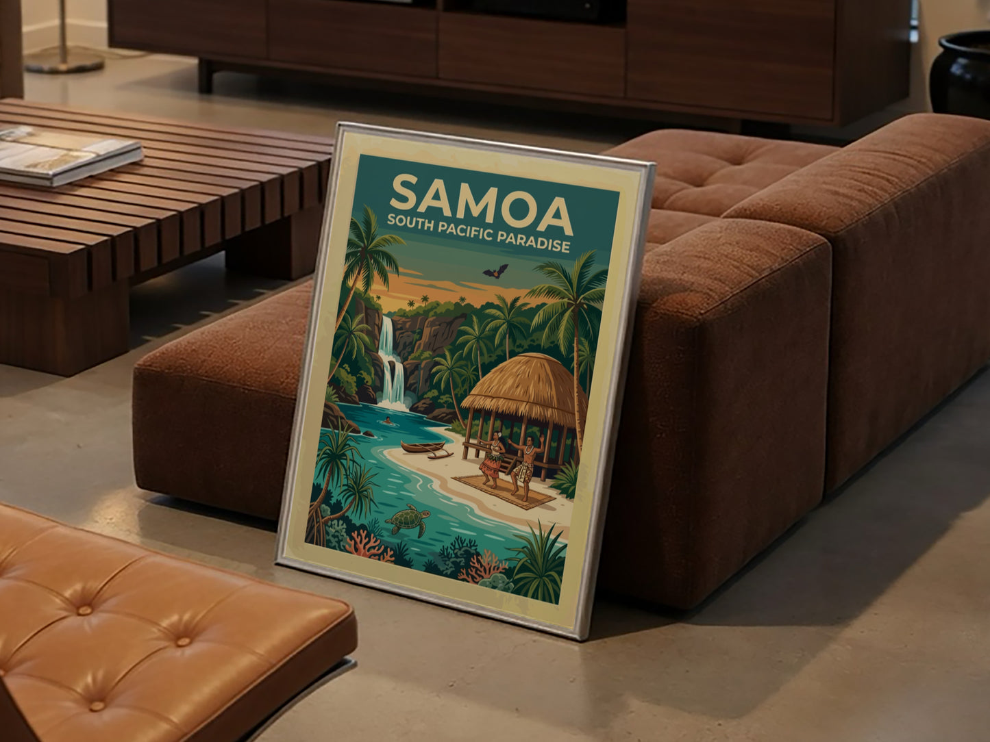 Samoa travel poster showing a waterfall, palm trees, a hut, and sea turtle