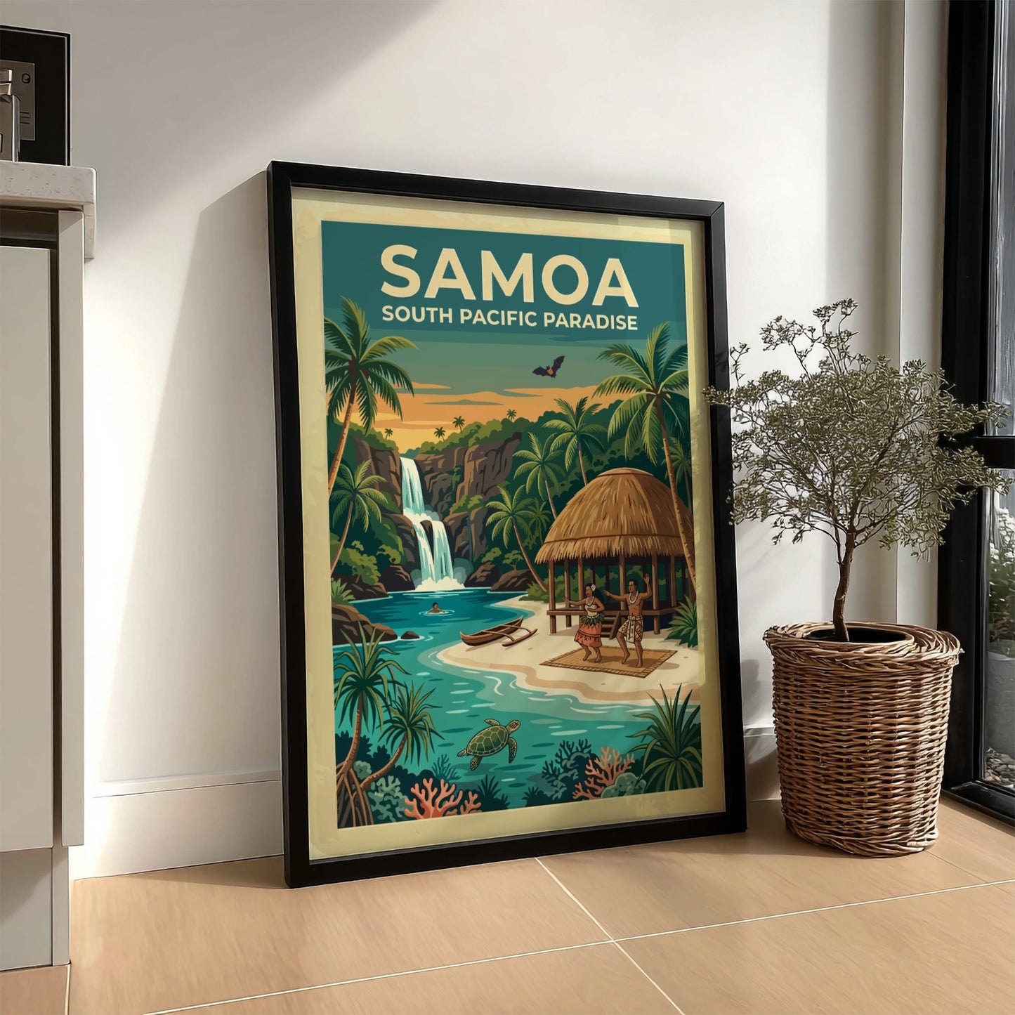Samoa travel poster showing a waterfall, palm trees, a hut, and sea turtle
