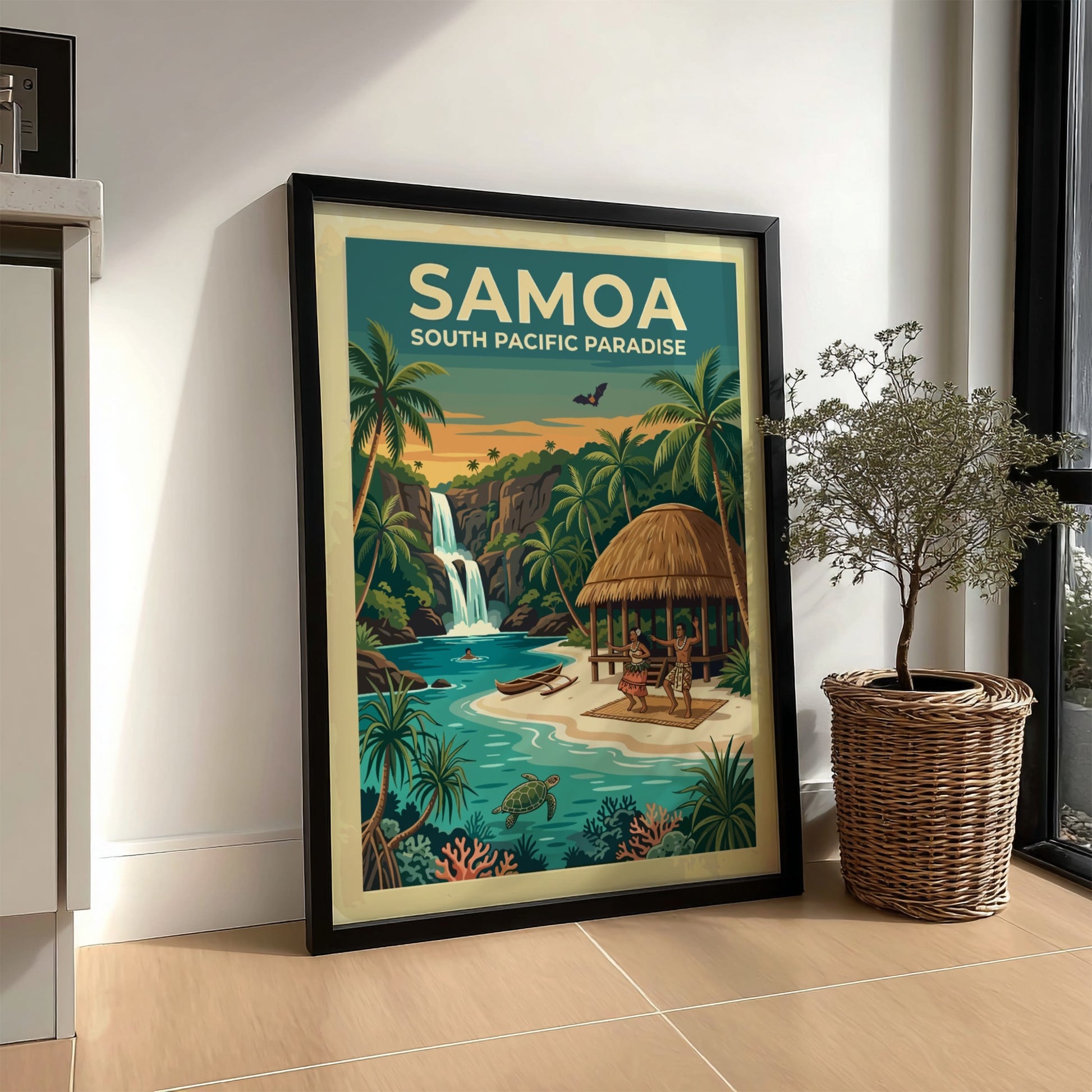 Samoa travel poster showing a waterfall, palm trees, a hut, and sea turtle