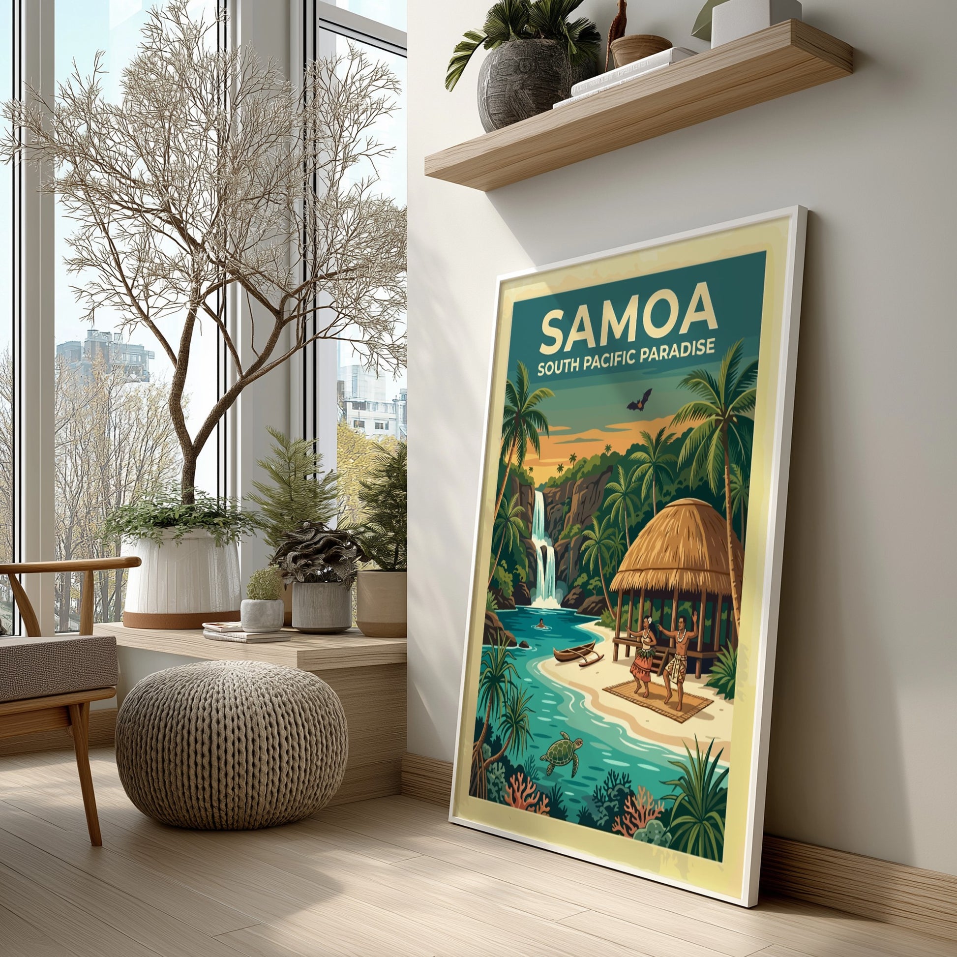 Samoa travel poster showing a waterfall, palm trees, a hut, and sea turtle