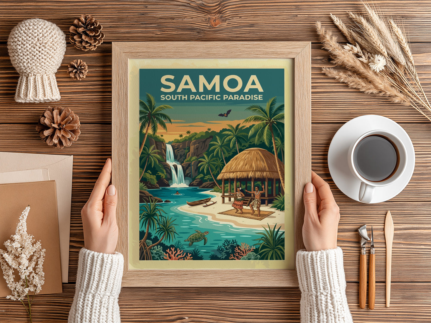 Samoa travel poster showing a waterfall, palm trees, a hut, and sea turtle