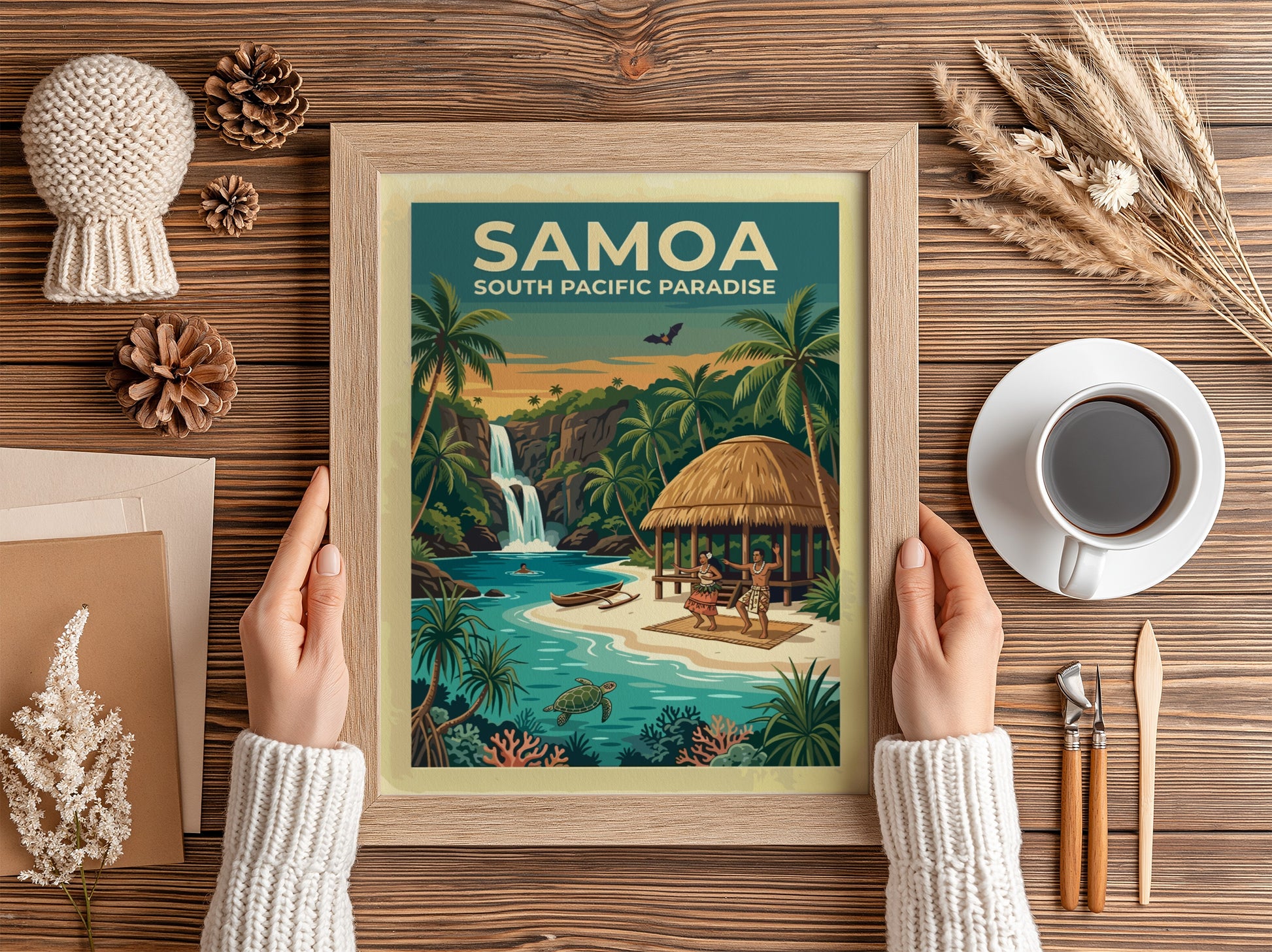Samoa travel poster showing a waterfall, palm trees, a hut, and sea turtle