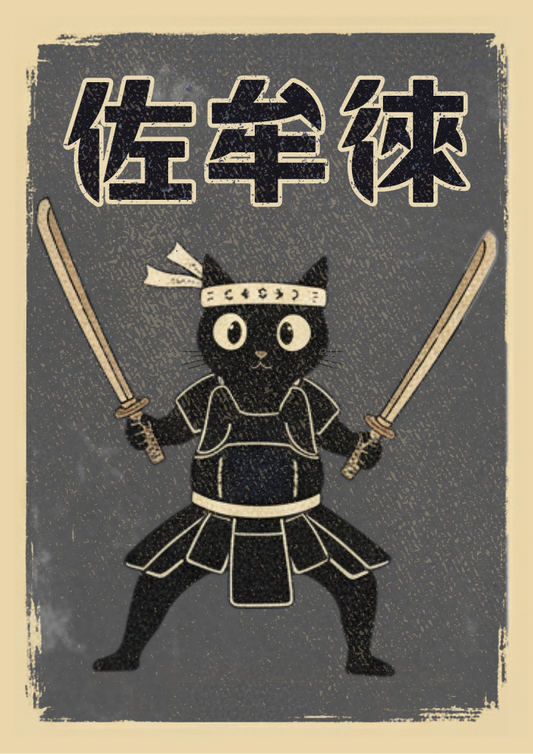 Black cat in samurai costume holding two swords on a dark background with Japanese text.