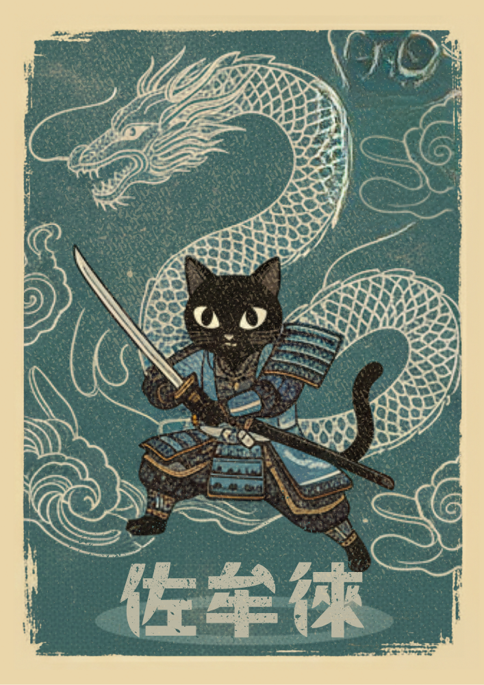 Illustration of a black cat in samurai attire with a dragon on a blue background