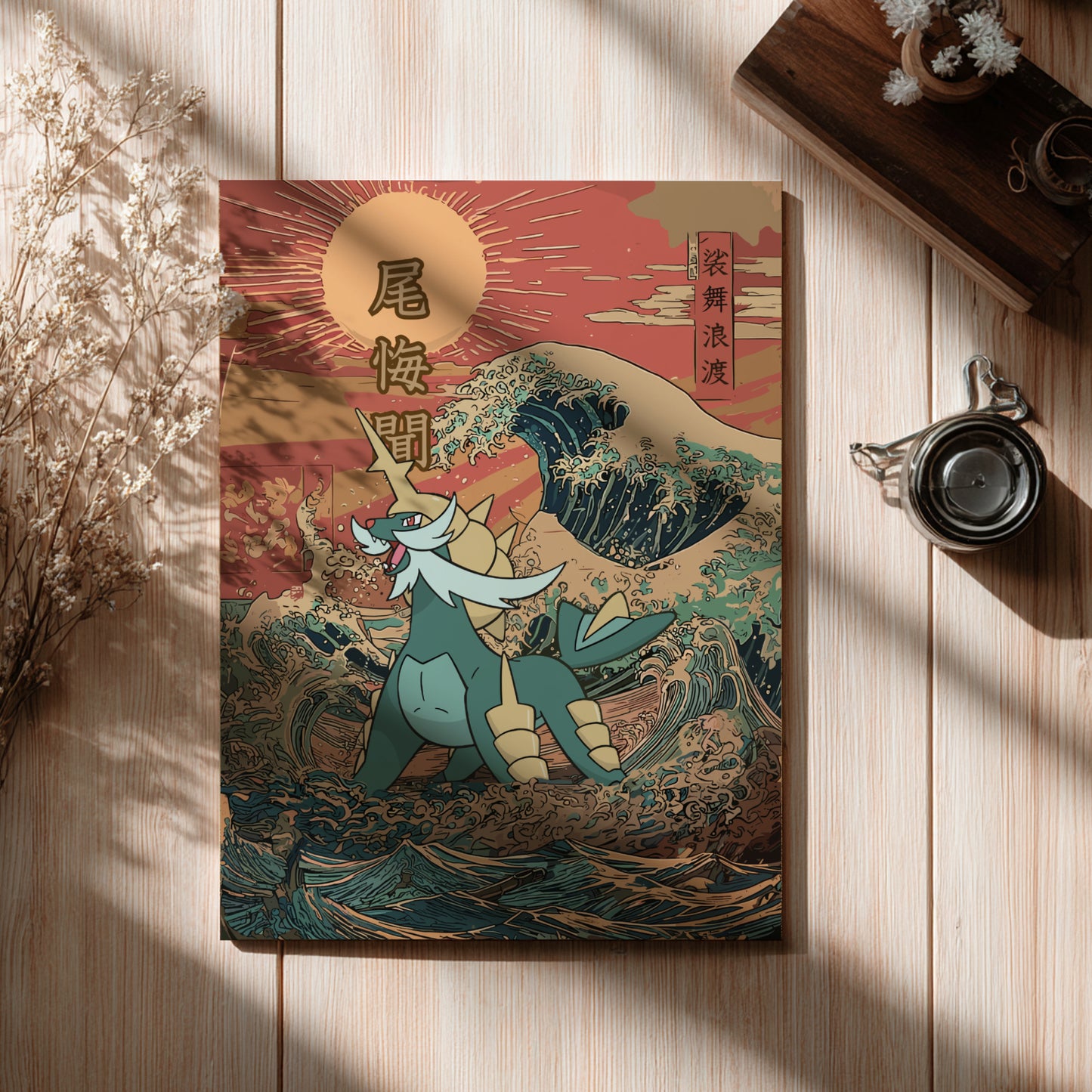 Poster with a Samurott Pokemon design on a wooden surface