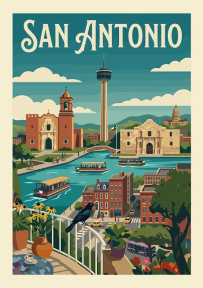 San Antonio skyline poster with River Walk, Alamo, and Tower of the Americas in a retro art style.