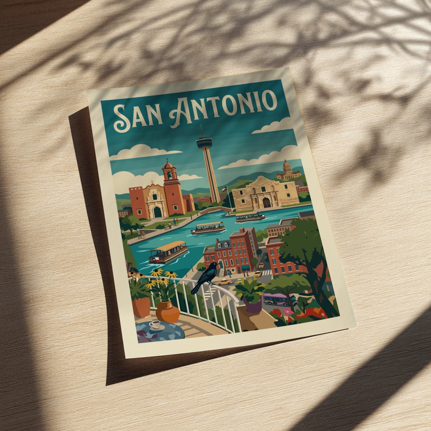 San Antonio skyline poster with River Walk, Alamo, and Tower of the Americas in a retro art style.