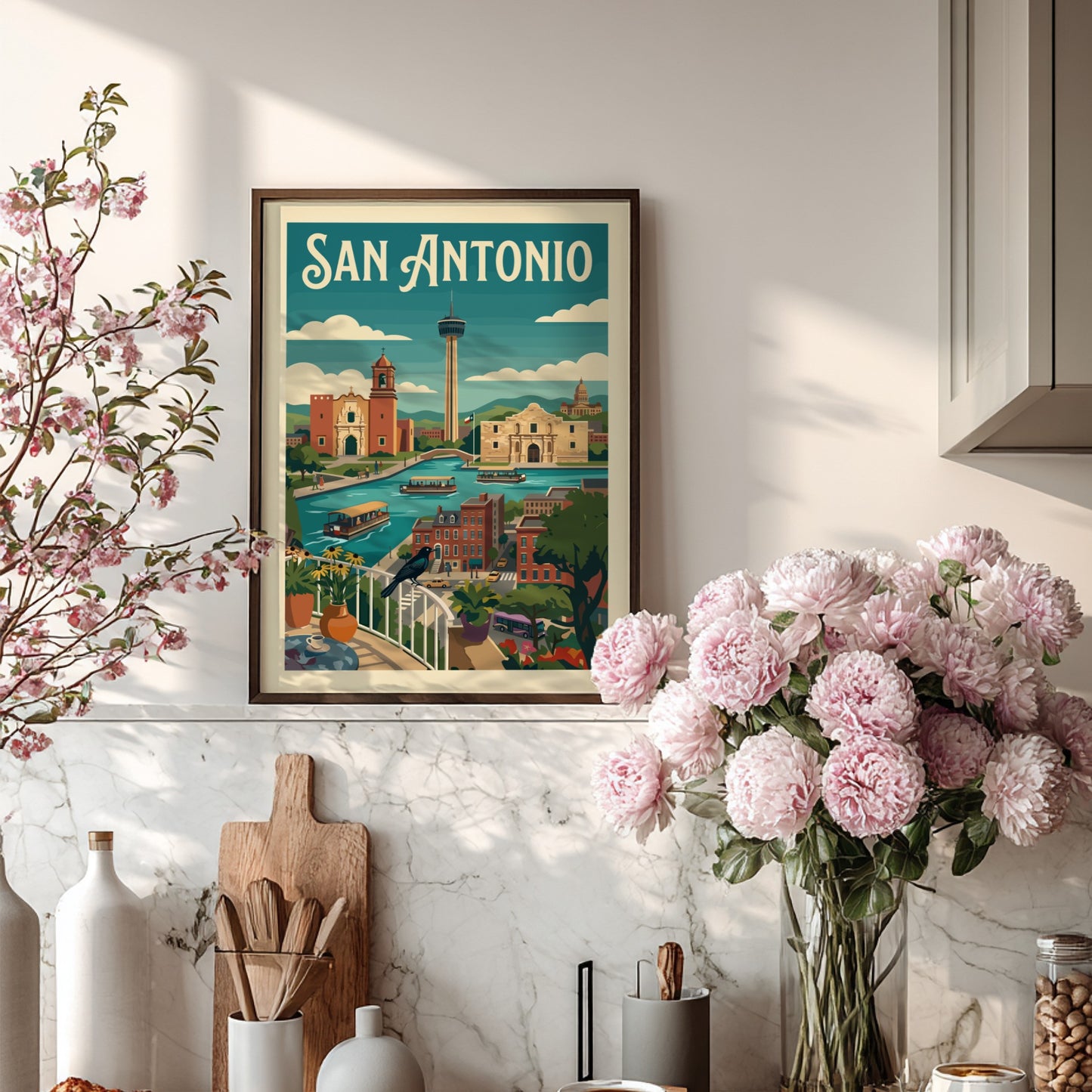 San Antonio skyline poster with River Walk, Alamo, and Tower of the Americas in a retro art style.