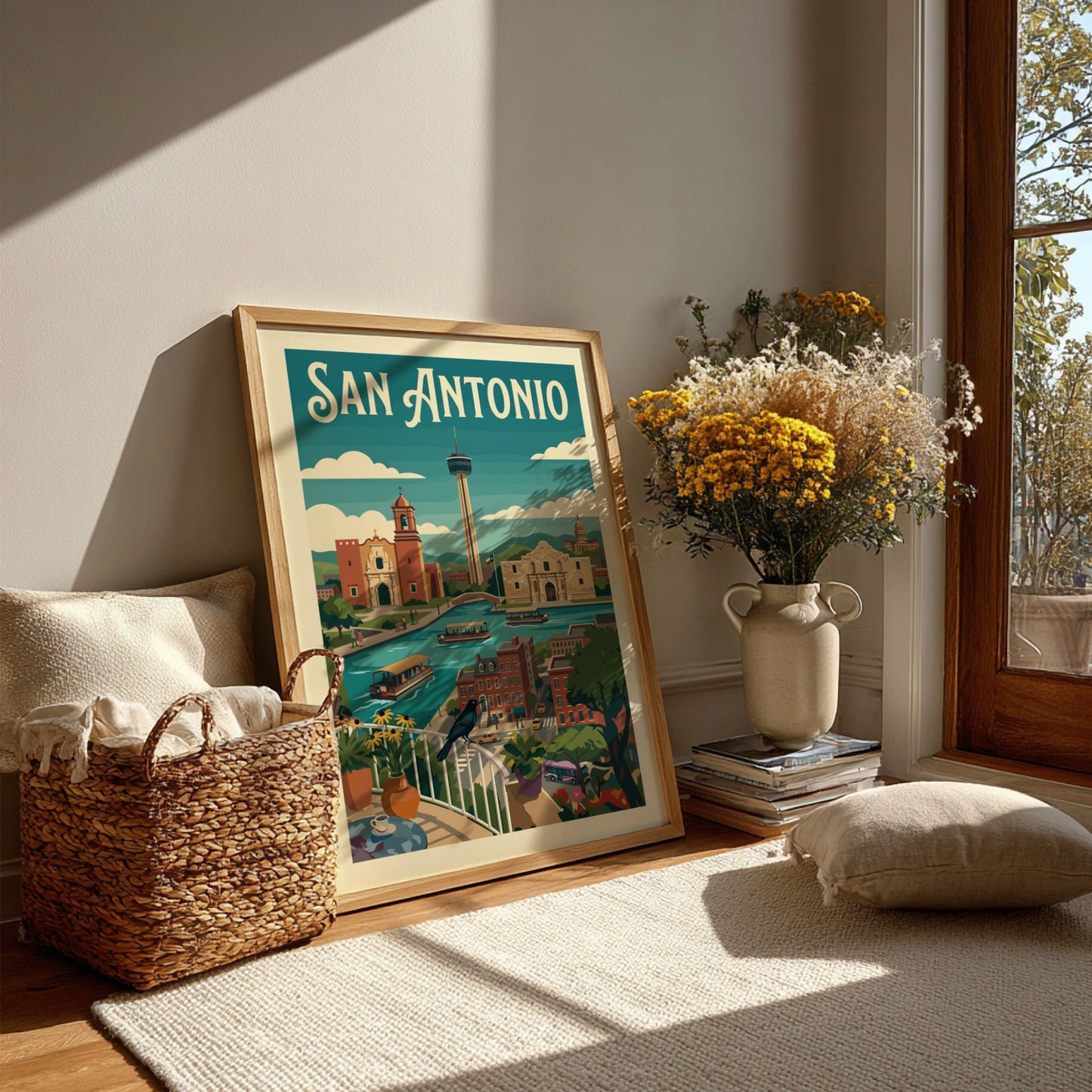 San Antonio skyline poster with River Walk, Alamo, and Tower of the Americas in a retro art style.