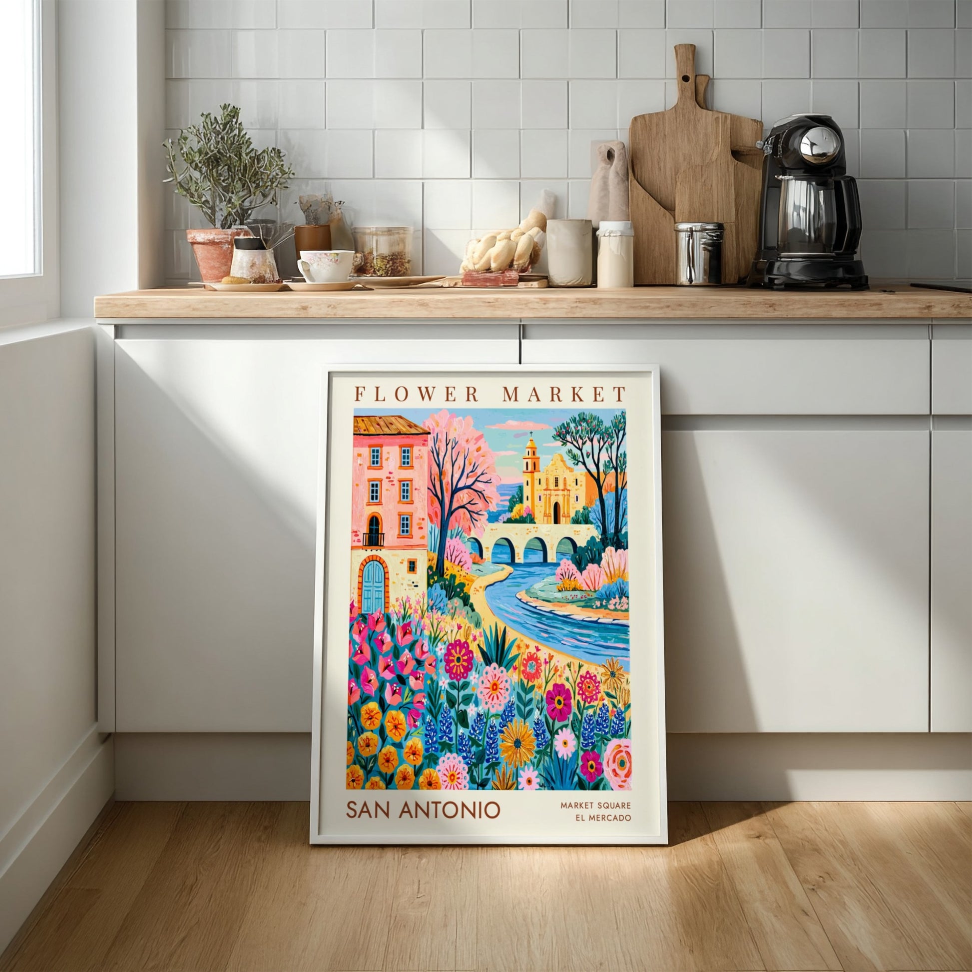 Flower market poster featuring colorful blooms and cityscape in vibrant style