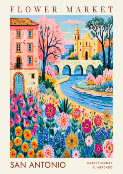 Flower market poster featuring colorful blooms and cityscape in vibrant style