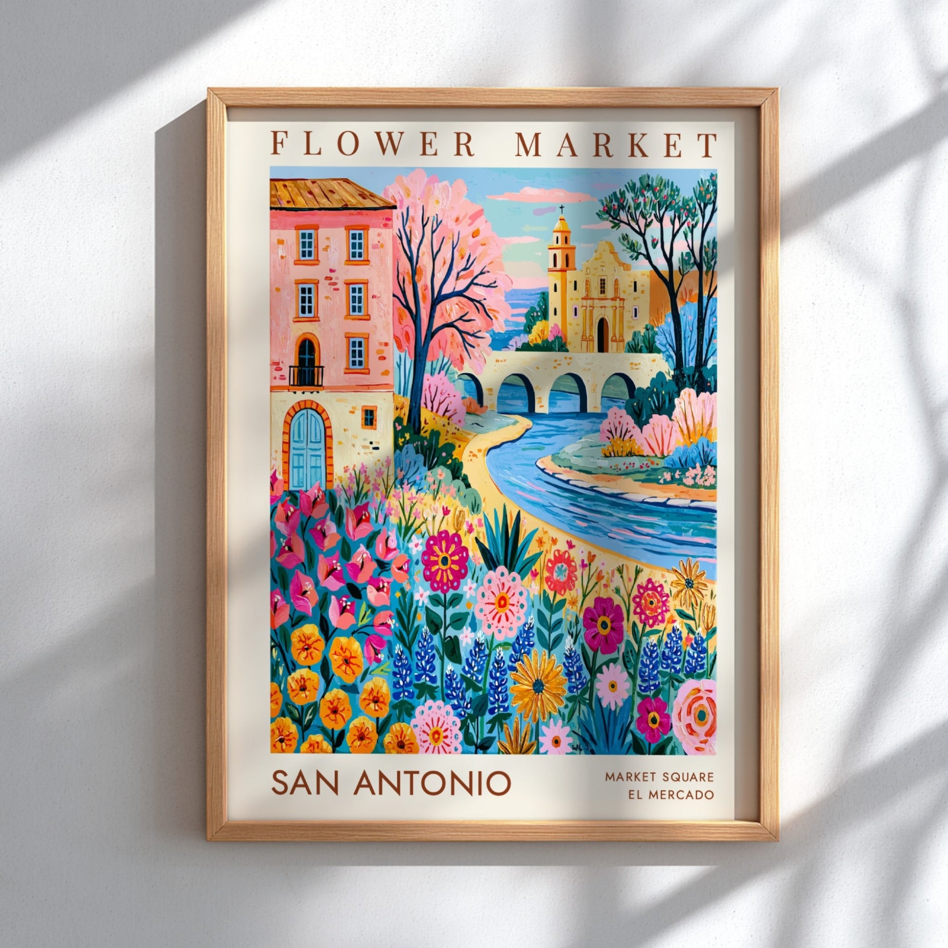 Flower market poster featuring colorful blooms and cityscape in vibrant style