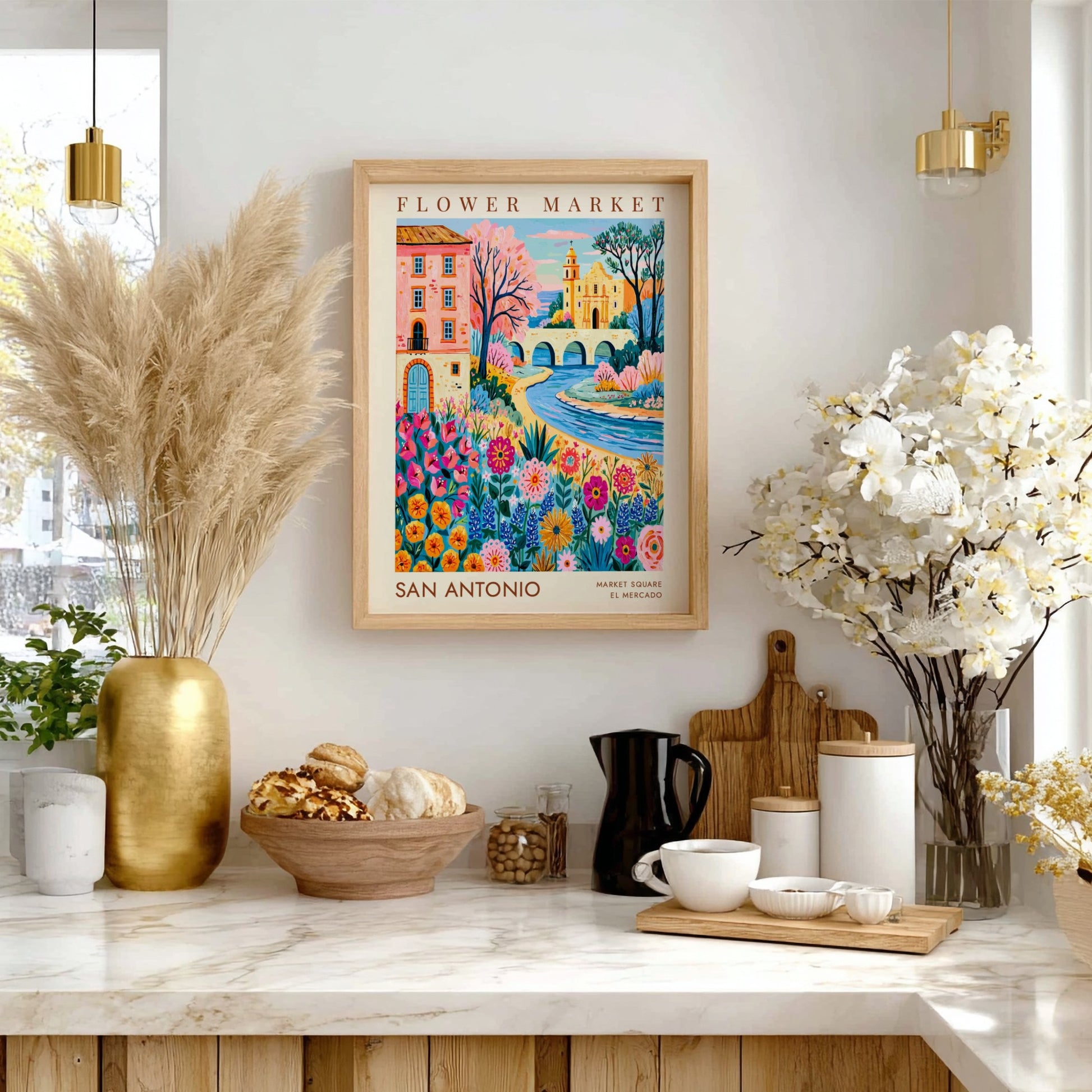 Flower market poster featuring colorful blooms and cityscape in vibrant style