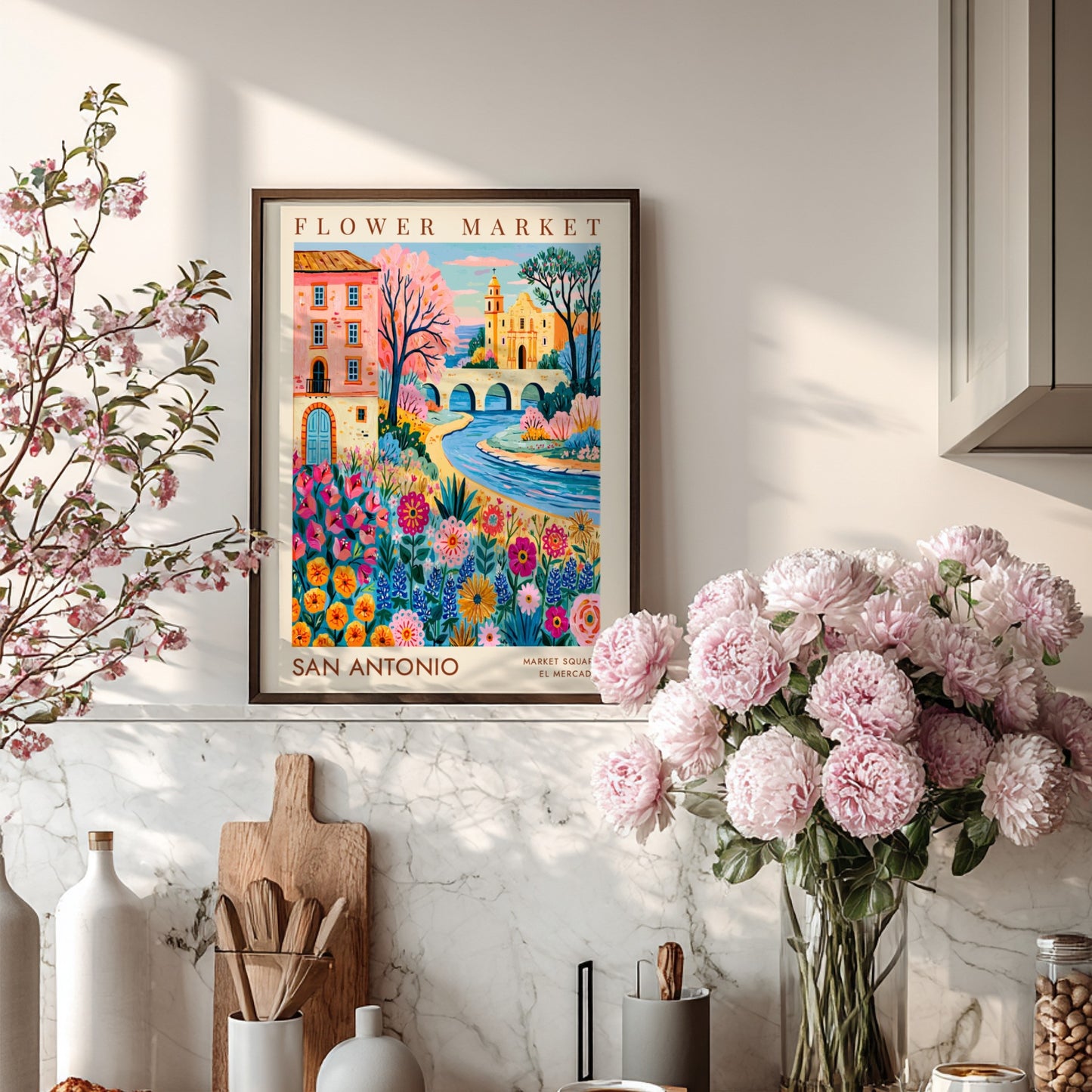 Flower market poster featuring colorful blooms and cityscape in vibrant style