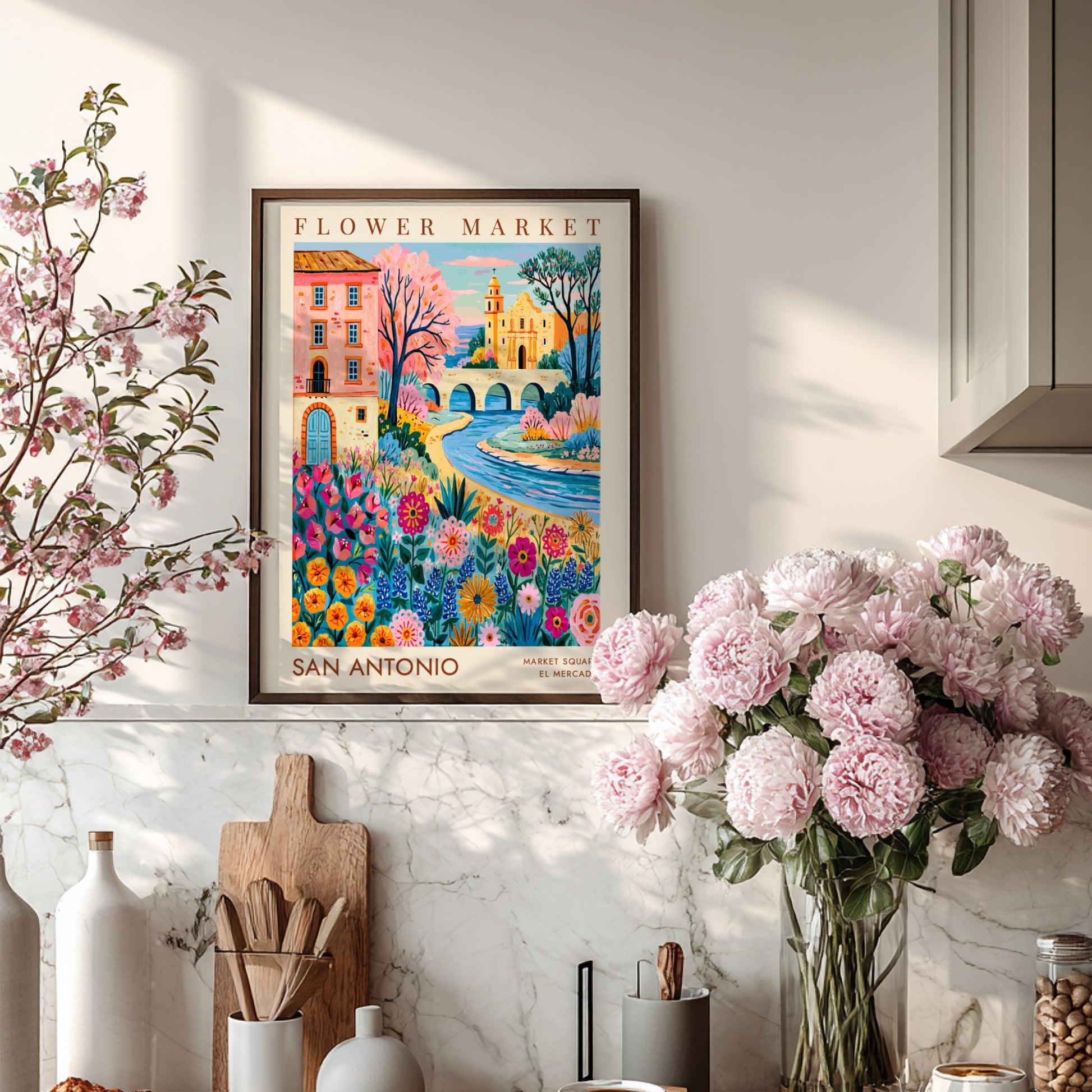 Flower market poster featuring colorful blooms and cityscape in vibrant style