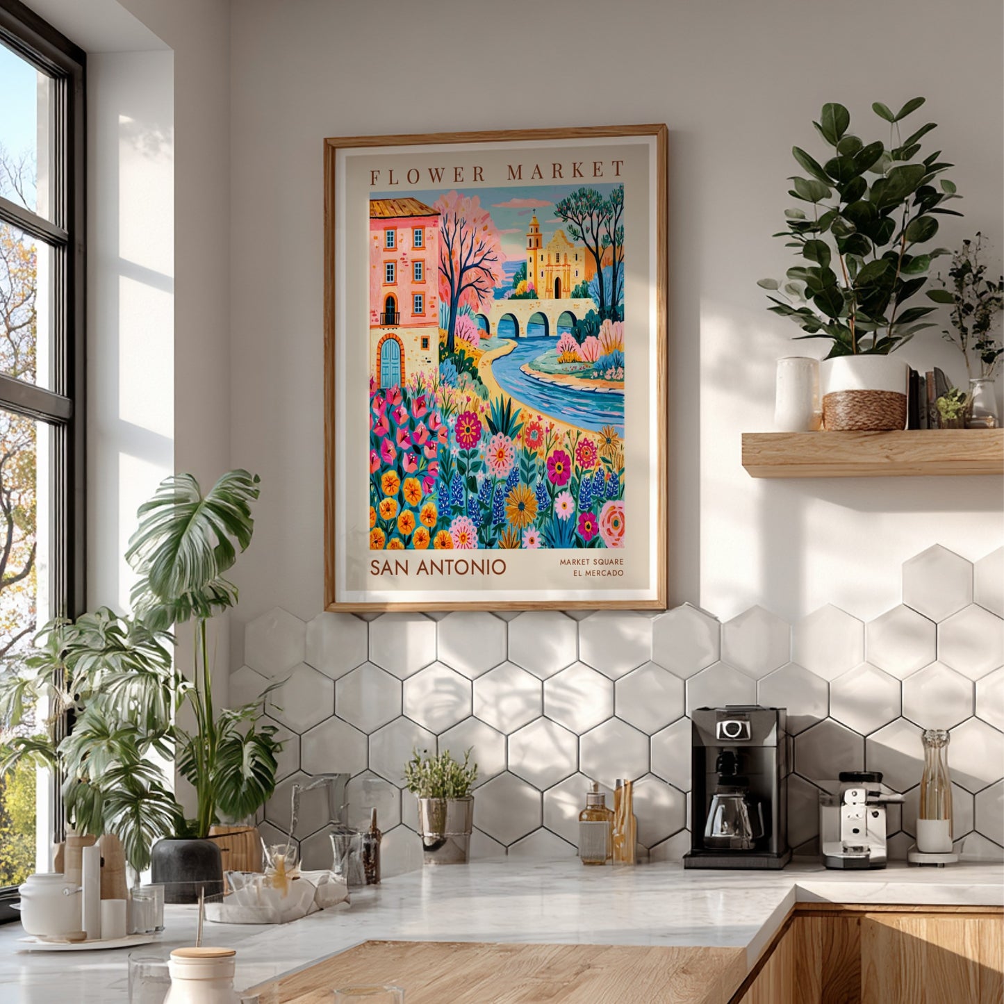 Flower market poster featuring colorful blooms and cityscape in vibrant style