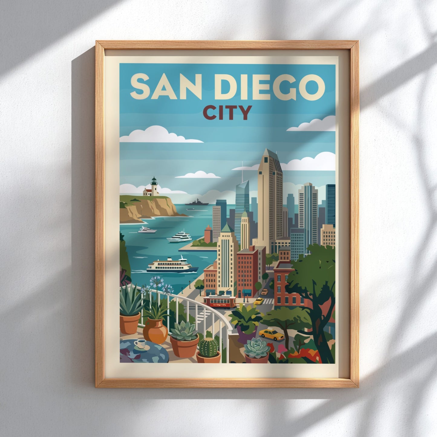 San Diego cityscape poster with harbor, skyline, lighthouse, and succulents on a balcony.