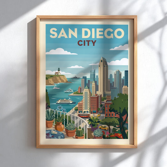 San Diego cityscape poster with harbor, skyline, lighthouse, and succulents on a balcony.