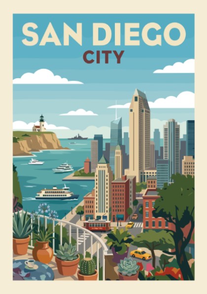San Diego cityscape poster with harbor, skyline, lighthouse, and succulents on a balcony.