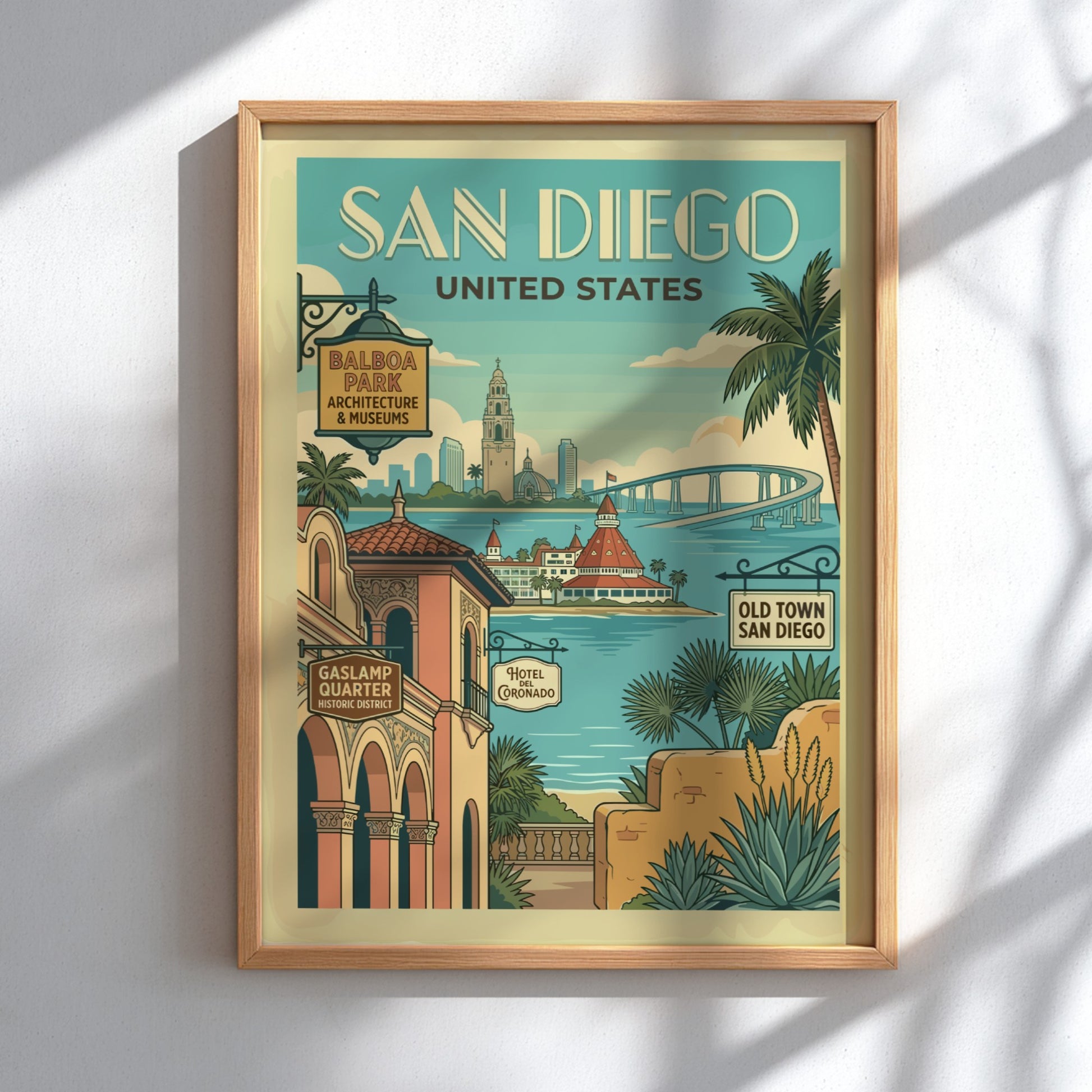 Vintage San Diego travel poster featuring iconic landmarks and a retro art style with a coastal color palette.