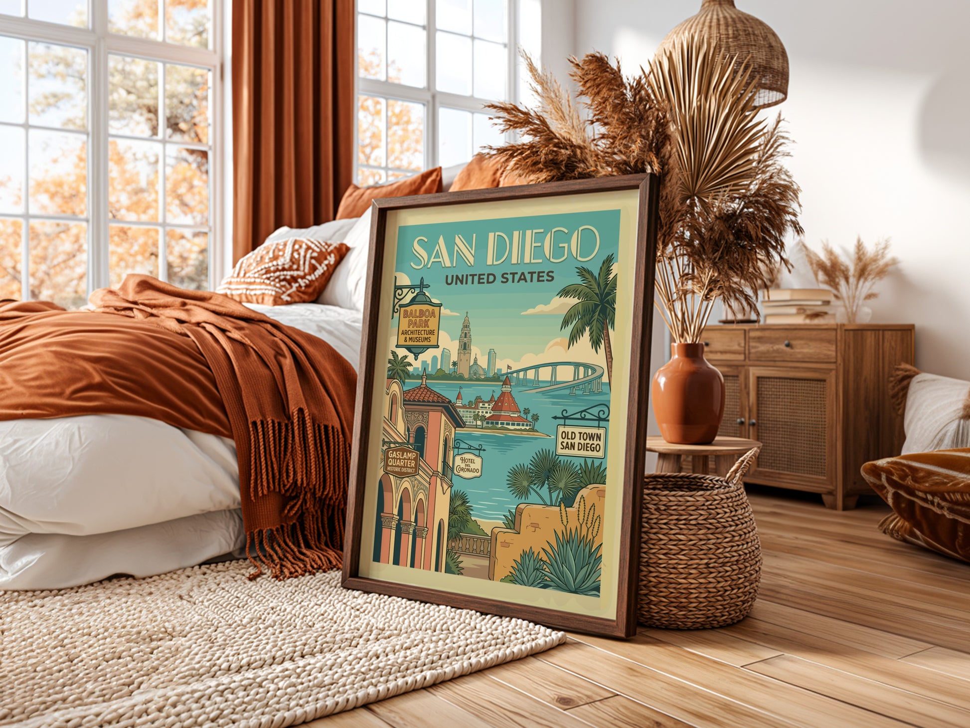Vintage San Diego travel poster featuring iconic landmarks and a retro art style with a coastal color palette.