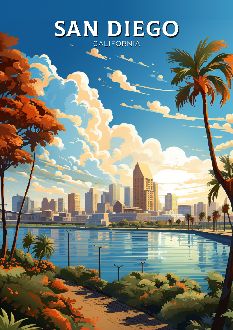 North AmericaSAN DIEGO SKYLINE TRAVEL PRINT - CALIFORNIA ARTWORK