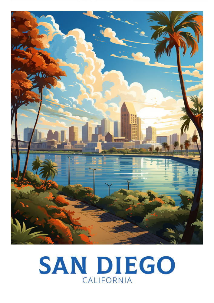 North AmericaSAN DIEGO SKYLINE TRAVEL POSTER - CALIFORNIA ARTWORK