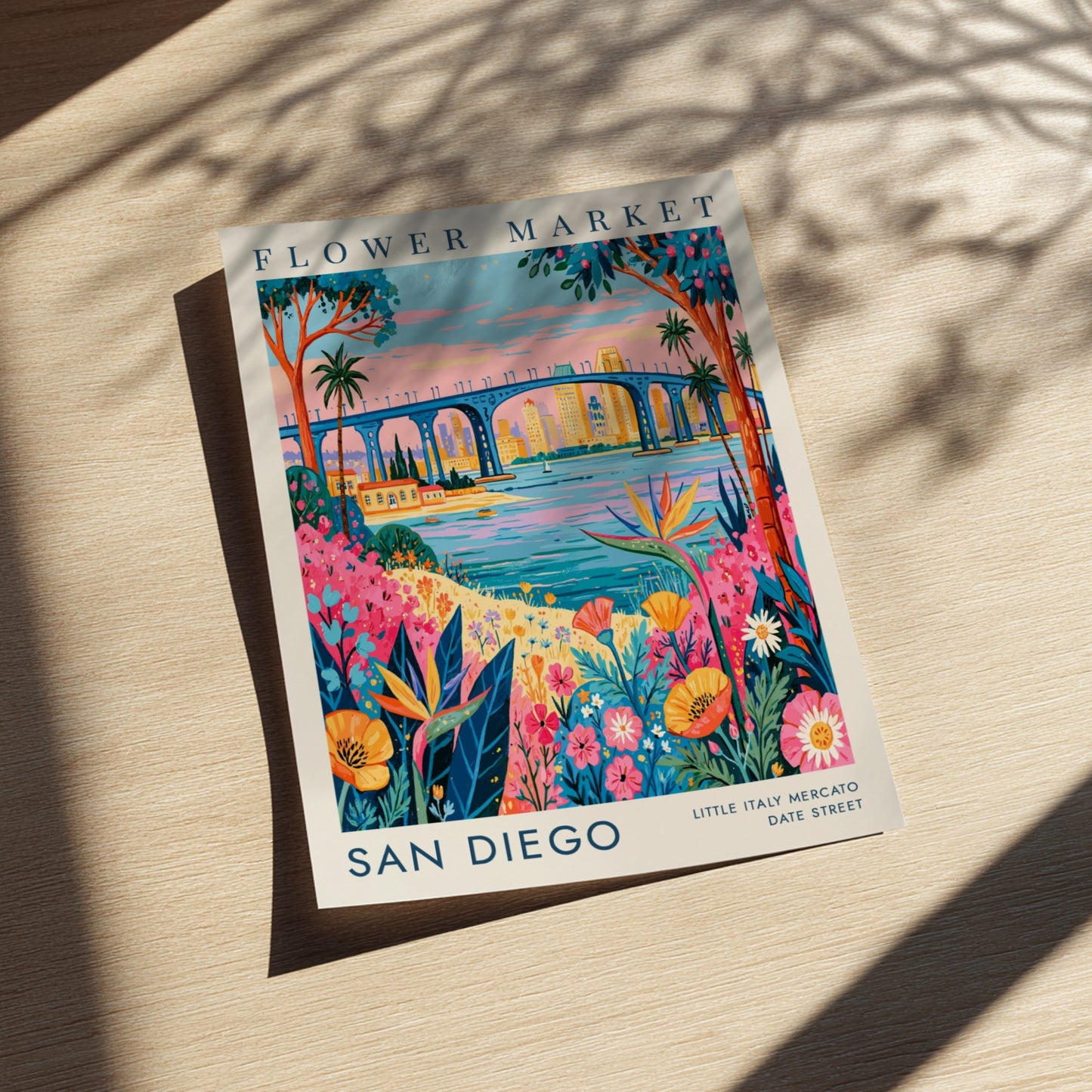 Flower market poster showcasing vibrant blooms and San Diego skyline in colorful style