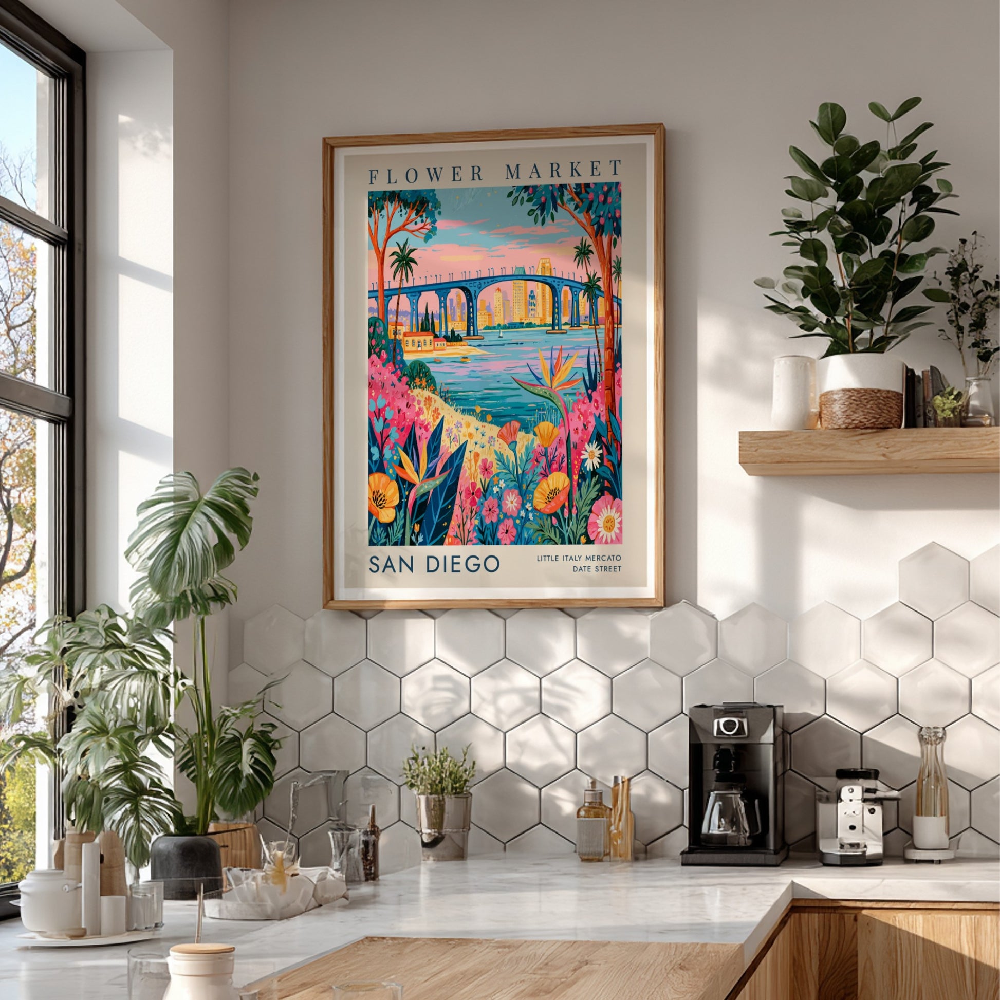 Flower market poster showcasing vibrant blooms and San Diego skyline in colorful style