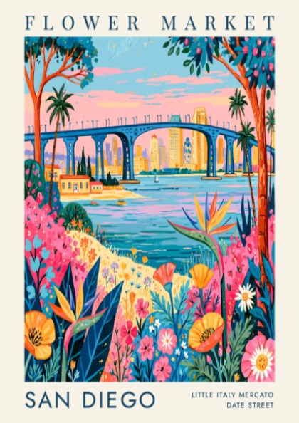 Flower market poster showcasing vibrant blooms and San Diego skyline in colorful style